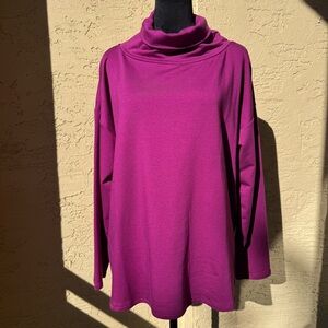 NWT Eileen Fisher Funnel Neck Top Sz L Berry Bloom Organic Cotton Long Sleeve